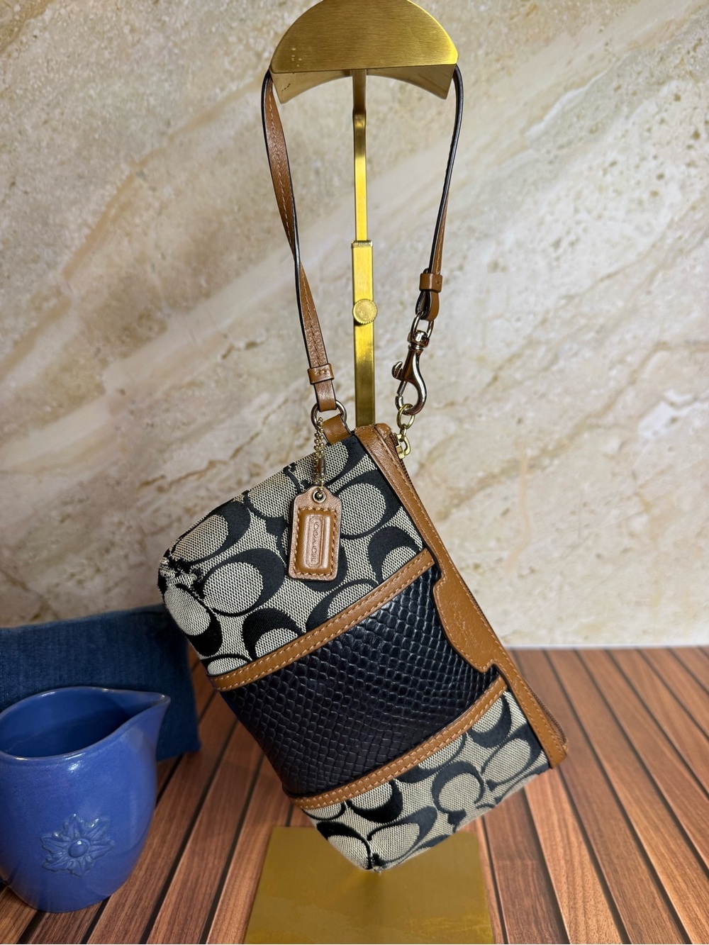 Coach Signature C Jacquard Python Embossed Leather Wristlet Black Khaki